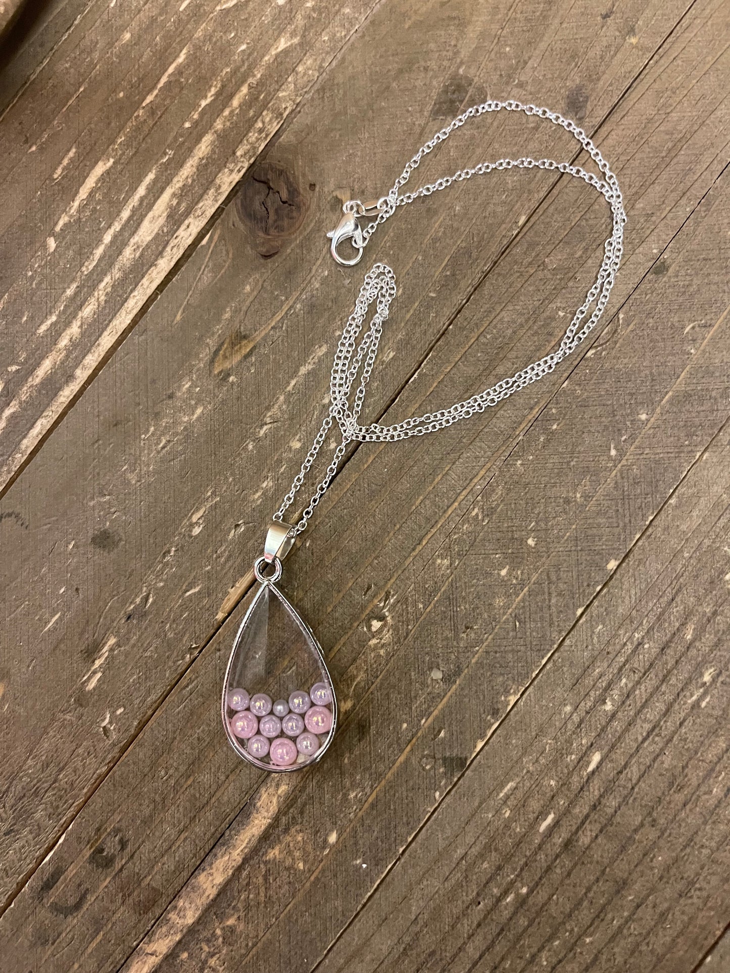 Teardrop with resin & pink rhinestones Pendant on a silver chainPink tiful of LOVE