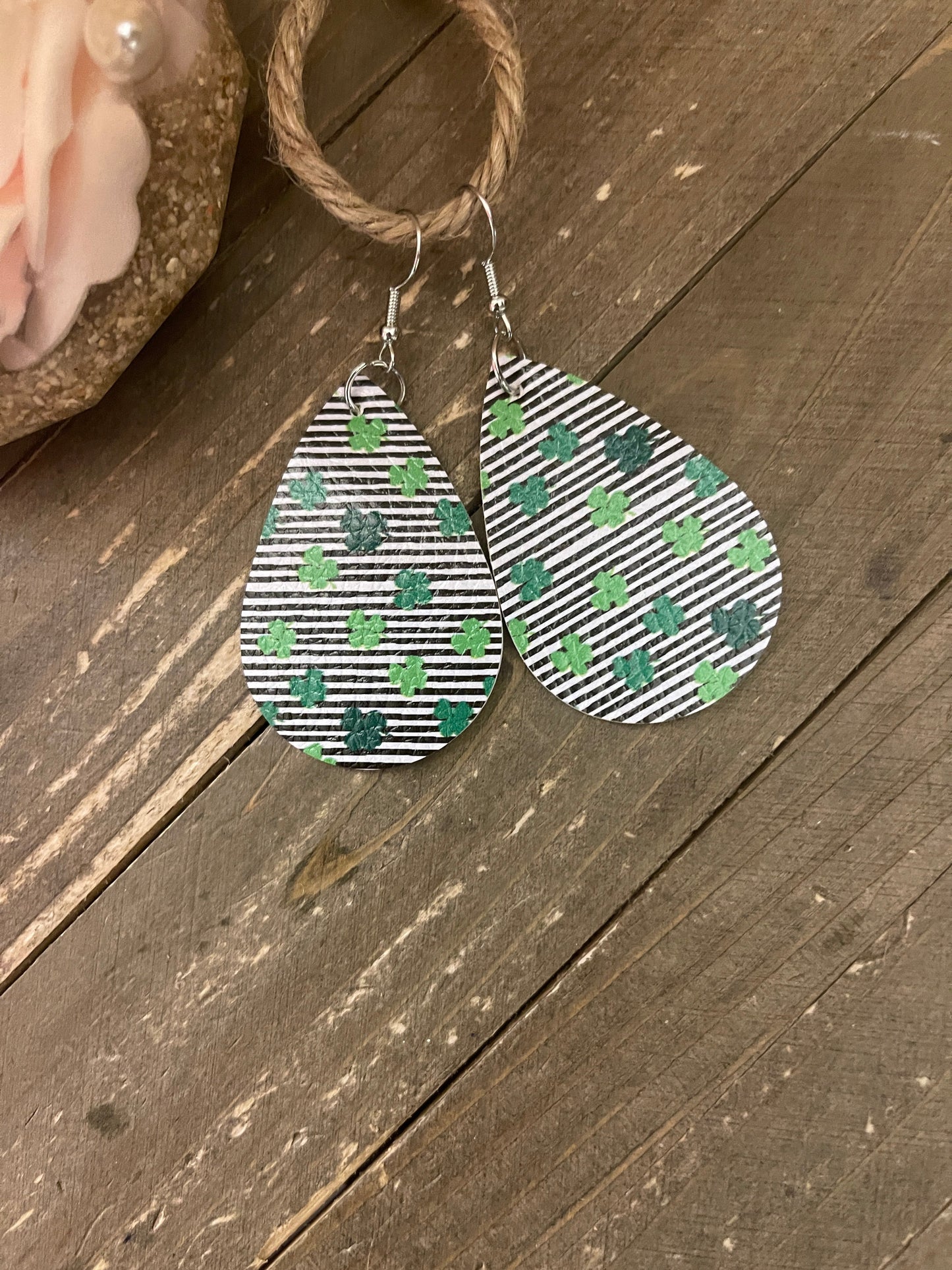 Black Stripes with Shamrocks; St Patrick's Day;Faux Leather teardrop earringsPink tiful of LOVE