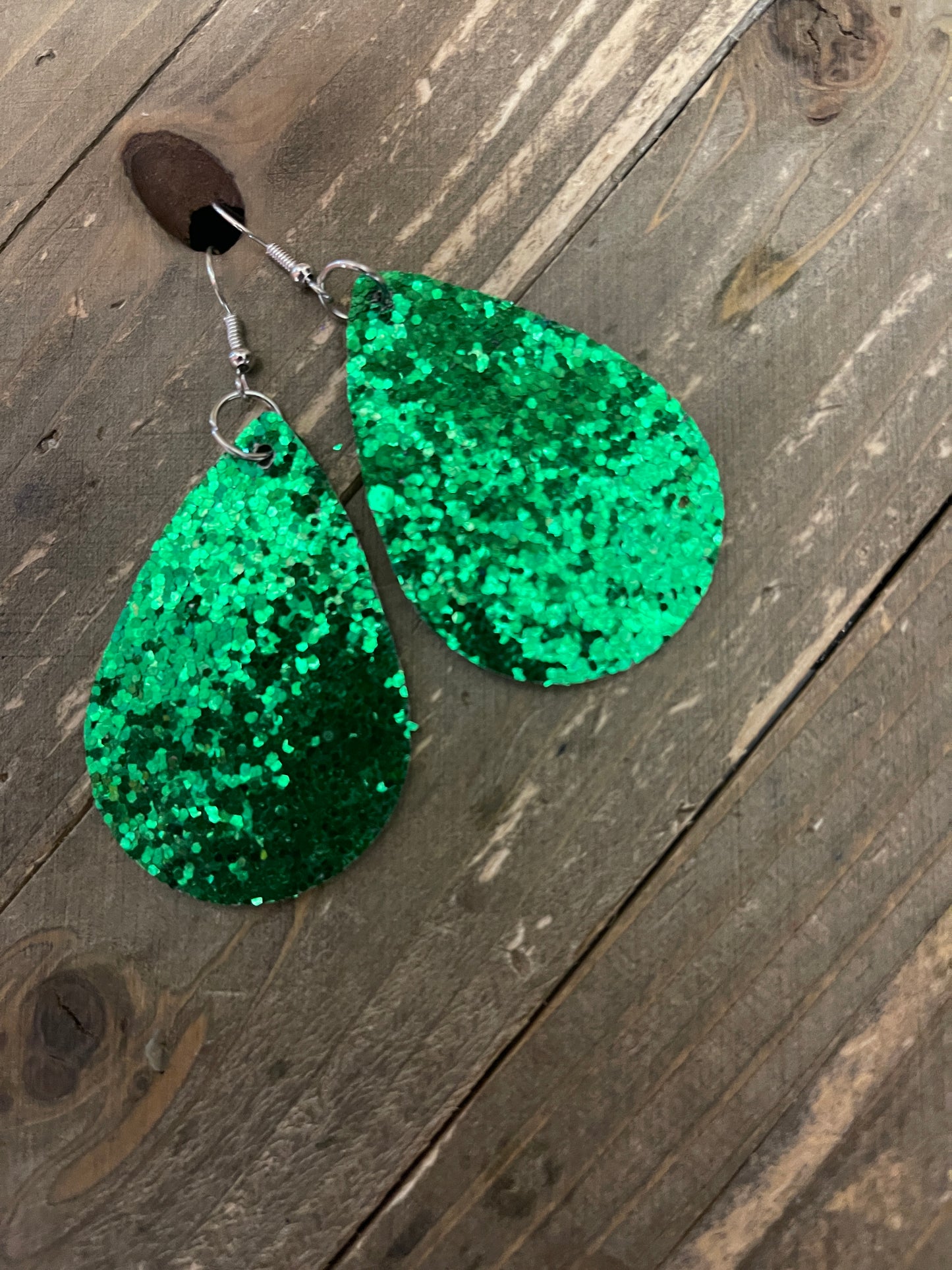 Sparkly Green Glitter; St Patrick's Day; Faux Leather teardrop earringsPink tiful of LOVE