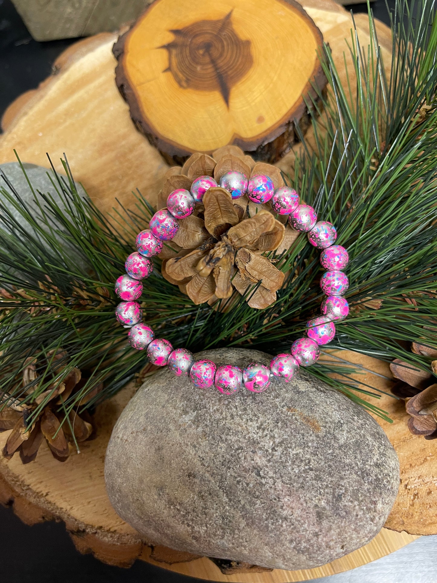 Blue & Pink Marble glass Beaded Elastic/Stretch BraceletPink tiful of LOVE