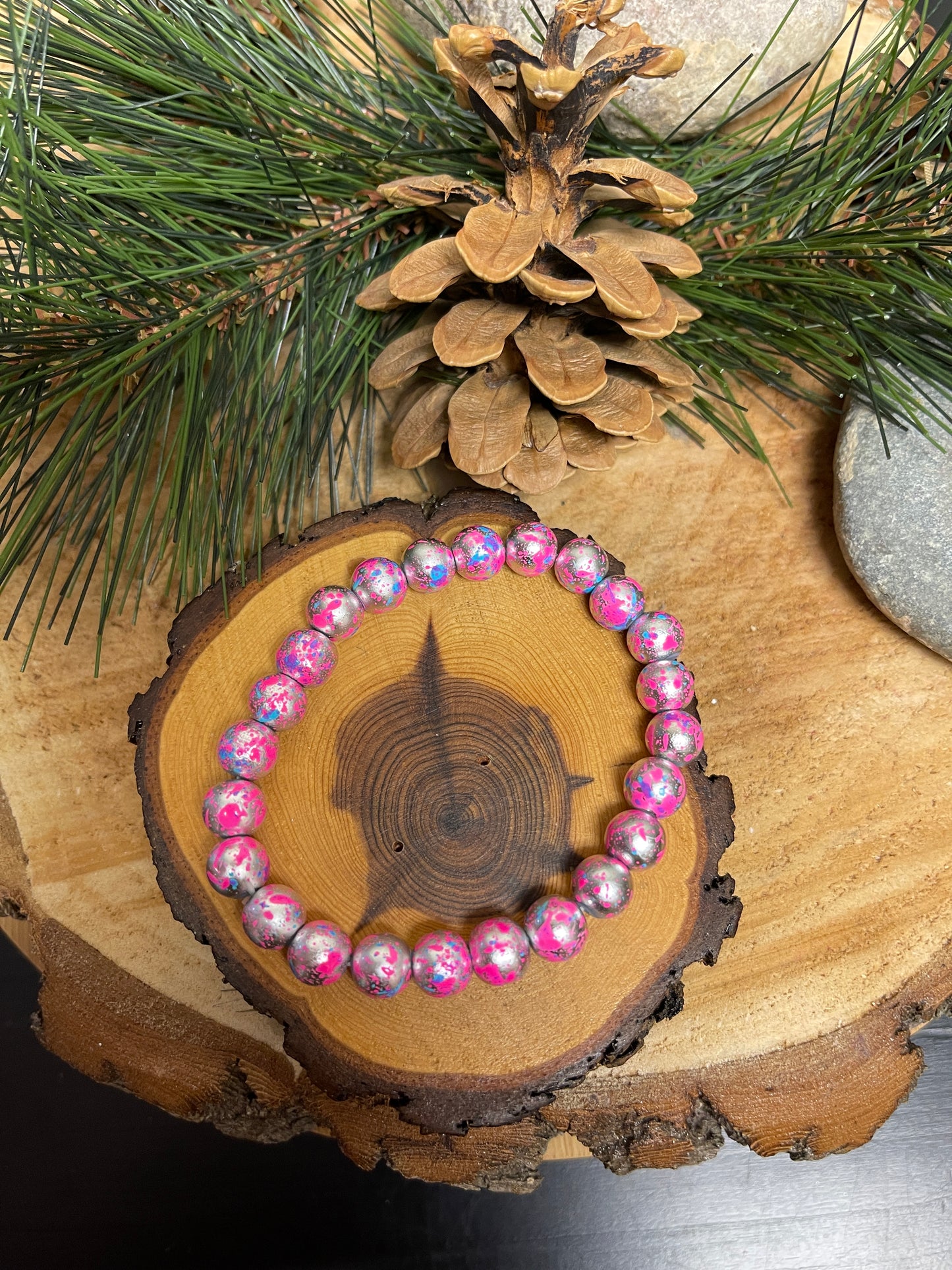 Blue & Pink Marble glass Beaded Elastic/Stretch BraceletPink tiful of LOVE