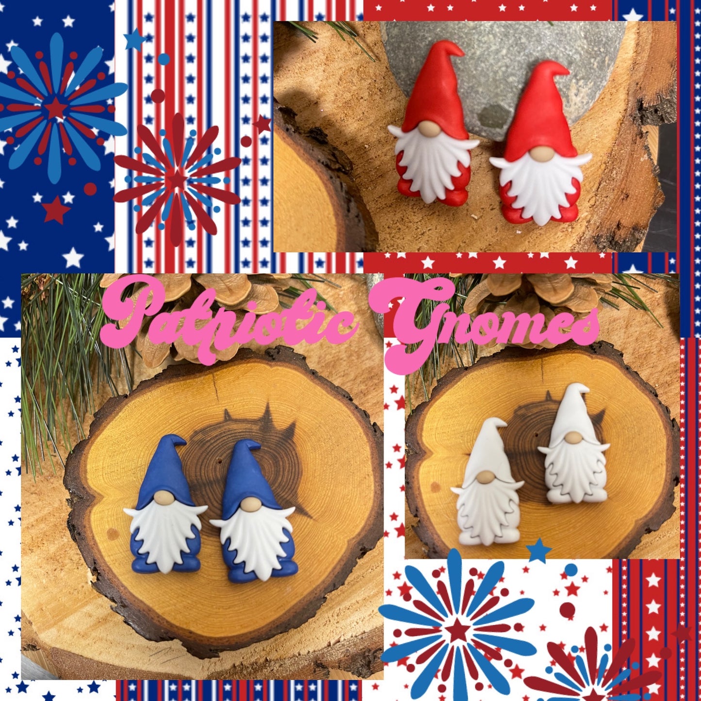 PATRIOTIC GNOMES in Red, White or Red  Stud EarringsPink tiful of LOVE