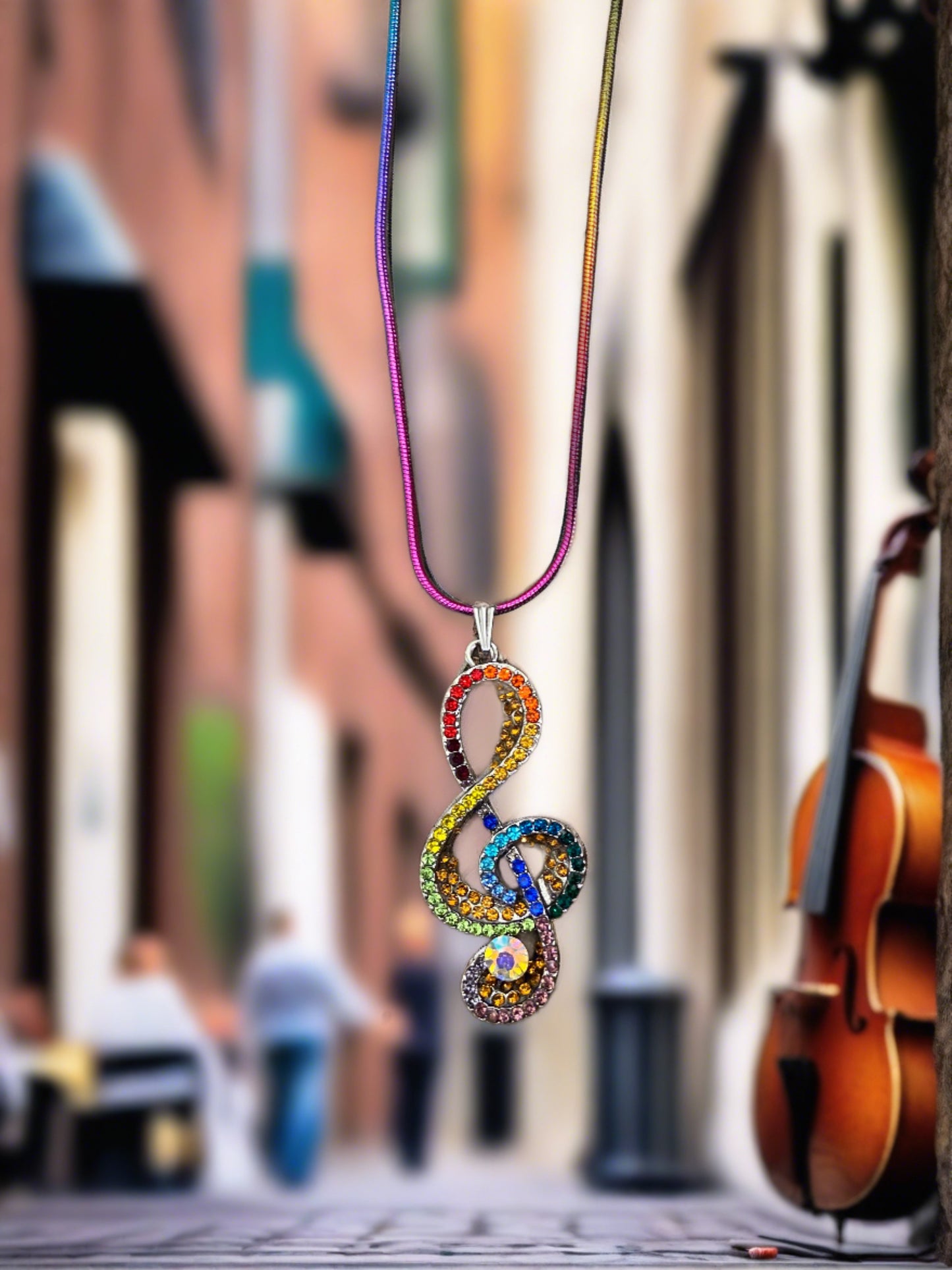 Rainbow Treble Clef (Music Note) Rhinestone Pendant on a Rainbow chain NecklacePink tiful of LOVE