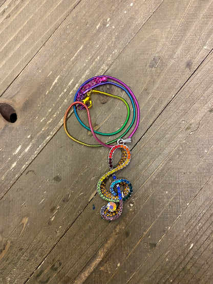 Rainbow Treble Clef (Music Note) Rhinestone Pendant on a Rainbow chain NecklacePink tiful of LOVE