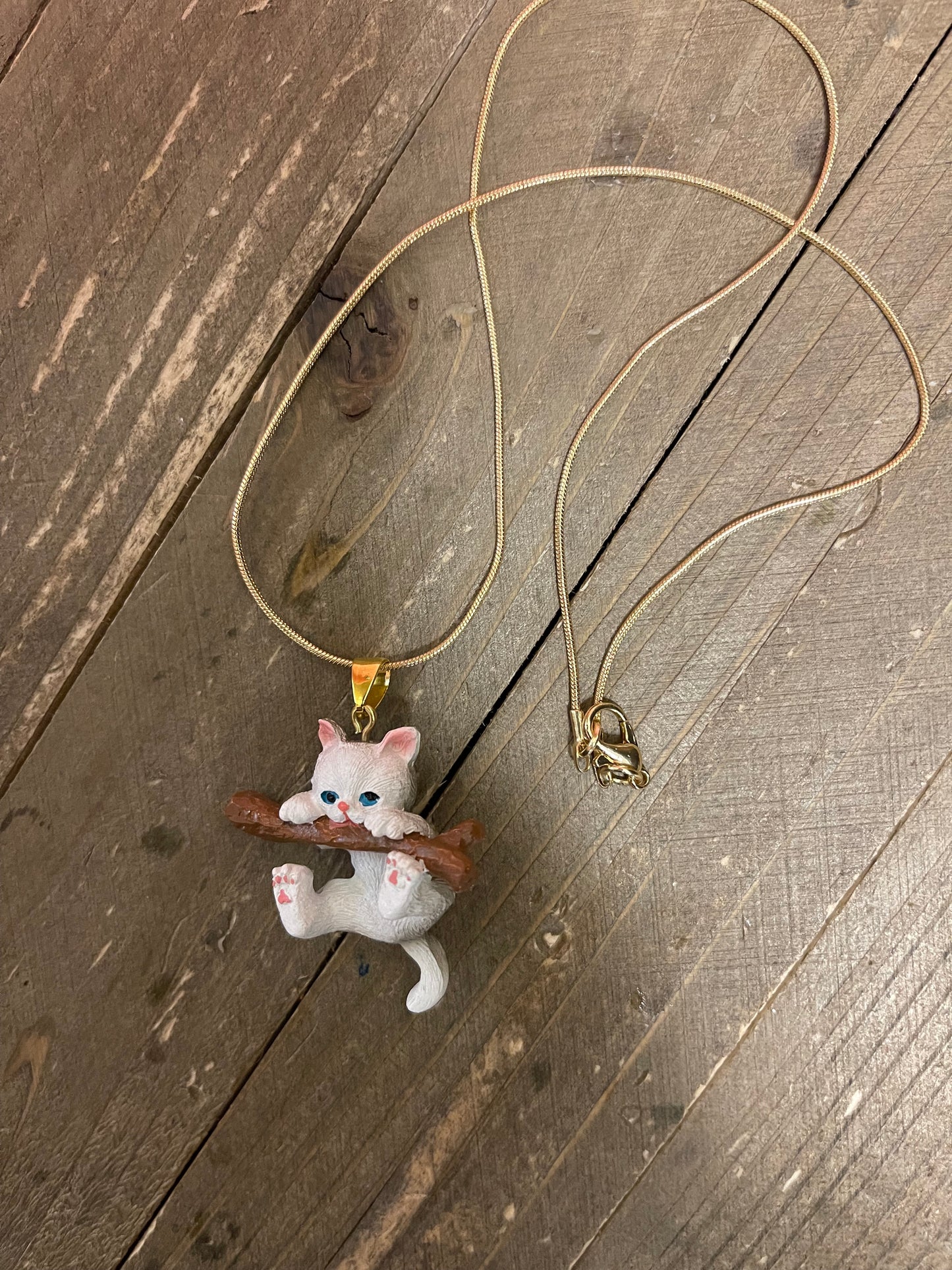 White Kitten on Branch Pendant on a Gold chain NecklacePink tiful of LOVE