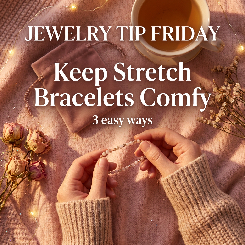 Blush-toned flat lay of a beaded stretch bracelet and a small jewelry pouch; text overlay reads “Stretch Bracelet Care: 3 Easy Tips”.