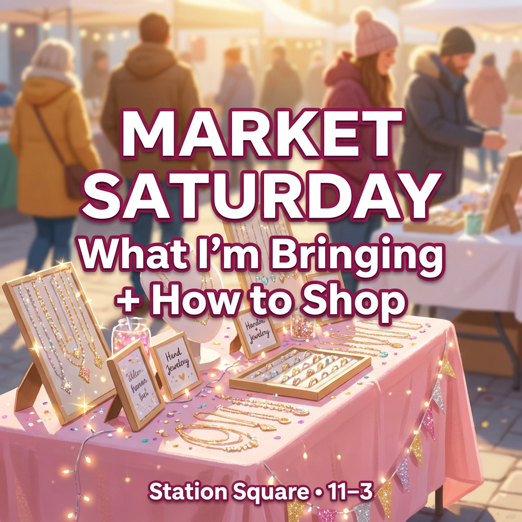Bright craft market booth table with jewelry displays and pink accents; text overlay reads “Market Day at Station Square (11–3)”.