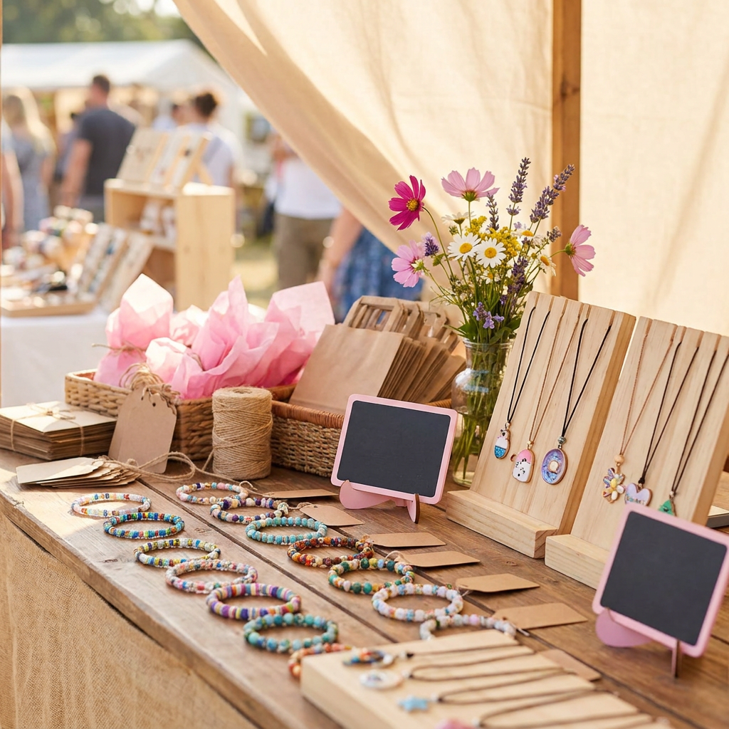 Handmade jewelry display on a market table with pink branding accents and sunshine.