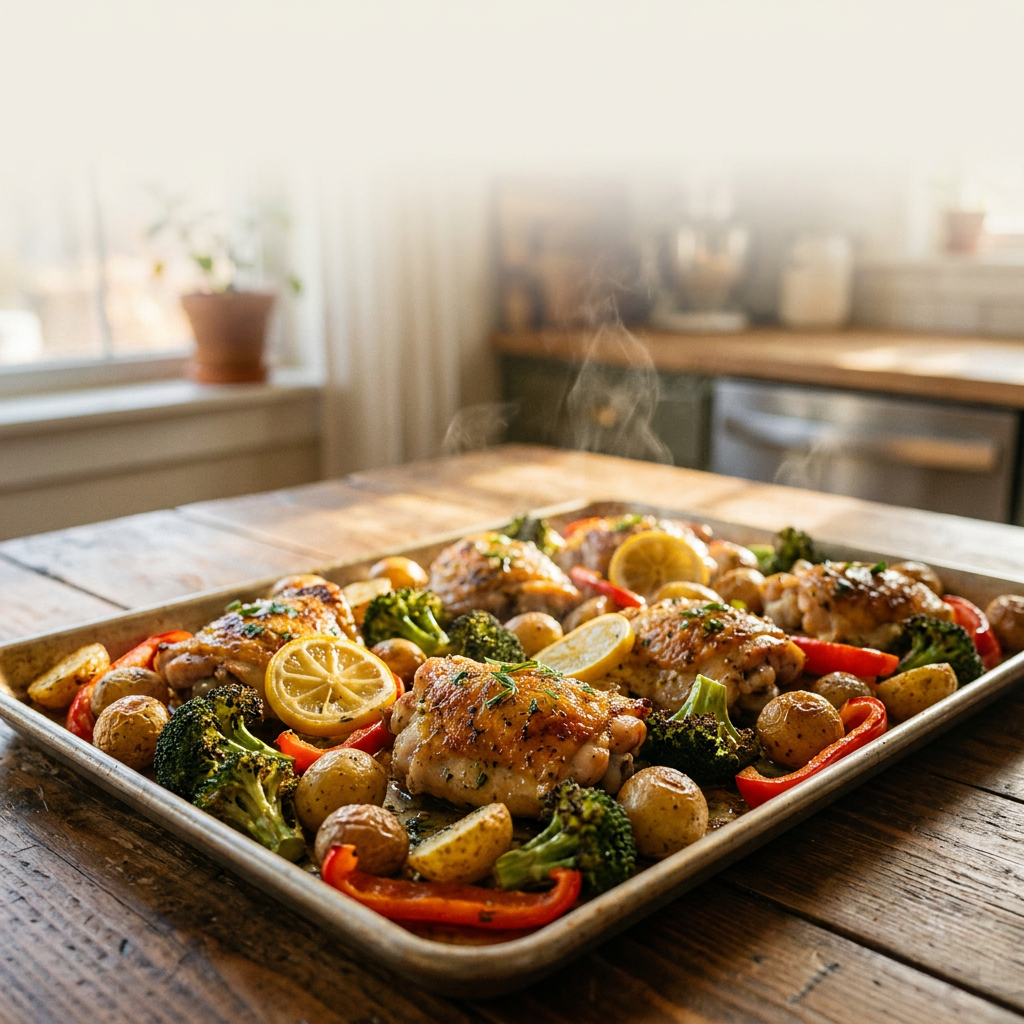 One-pan lemon garlic chicken with roasted potatoes, broccoli, and peppers on a sheet pan.