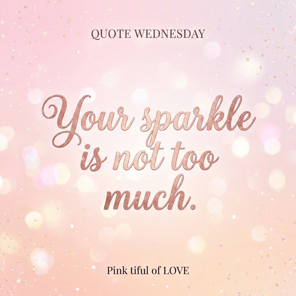 Soft blush background with subtle sparkles; text overlay reads “Your sparkle is not too much.”
