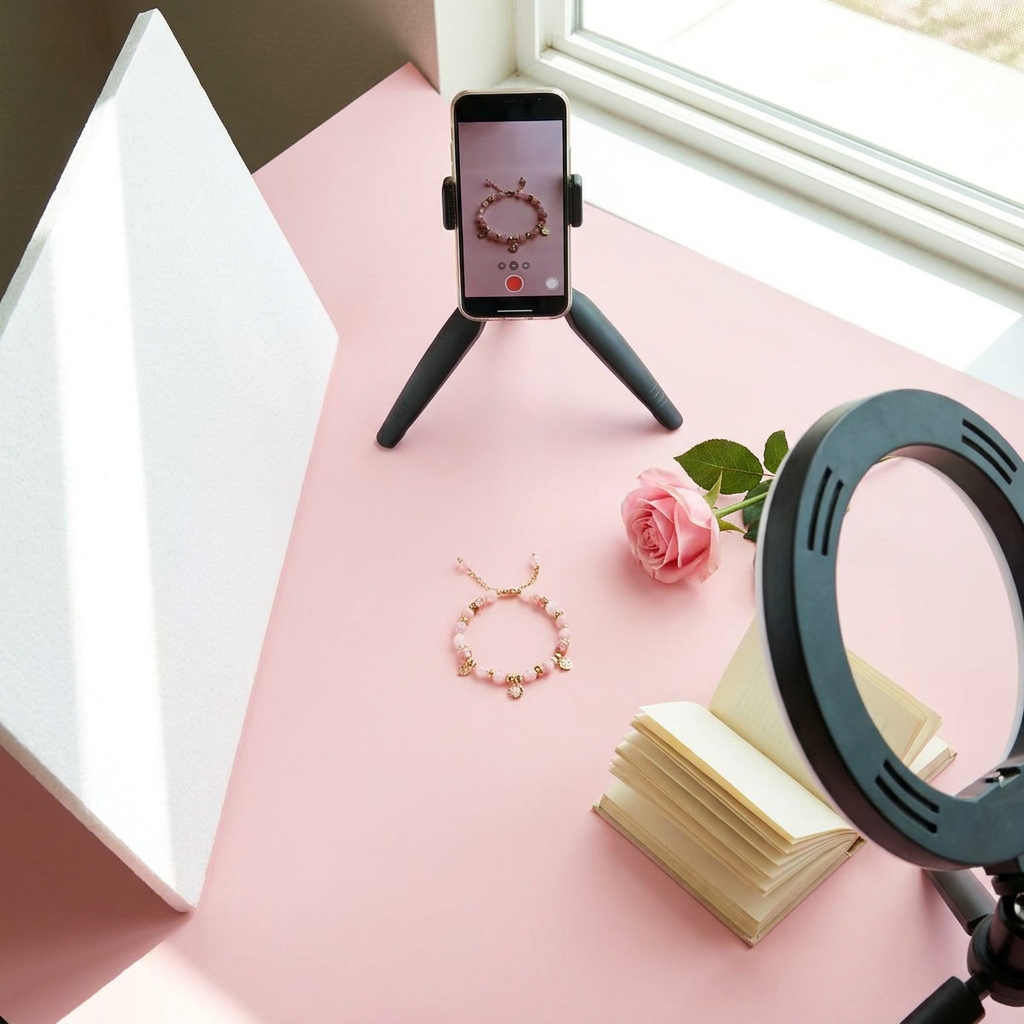 Minimal product photography setup with a white foam board, a phone on a stand, and a bracelet on a small display with pink accents.
