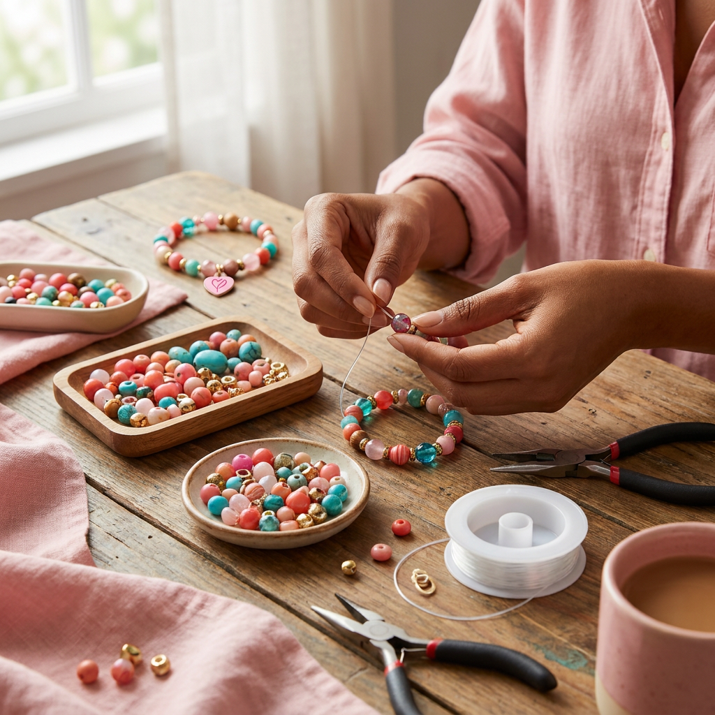 Work-in-progress handmade jewelry on a crafting table with pink tools and beads.