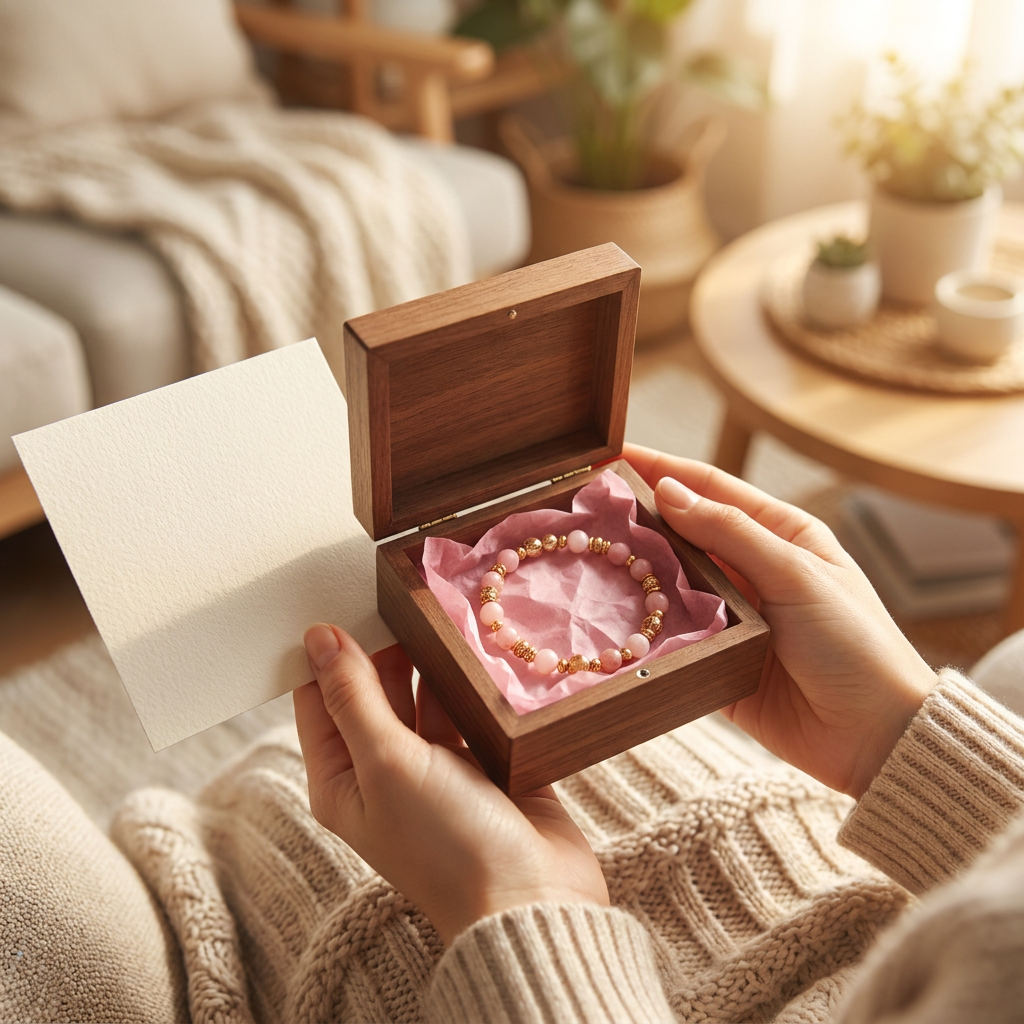 Pink-themed thank-you flat lay with a small jewelry box, tissue paper, and a handwritten thank-you note.