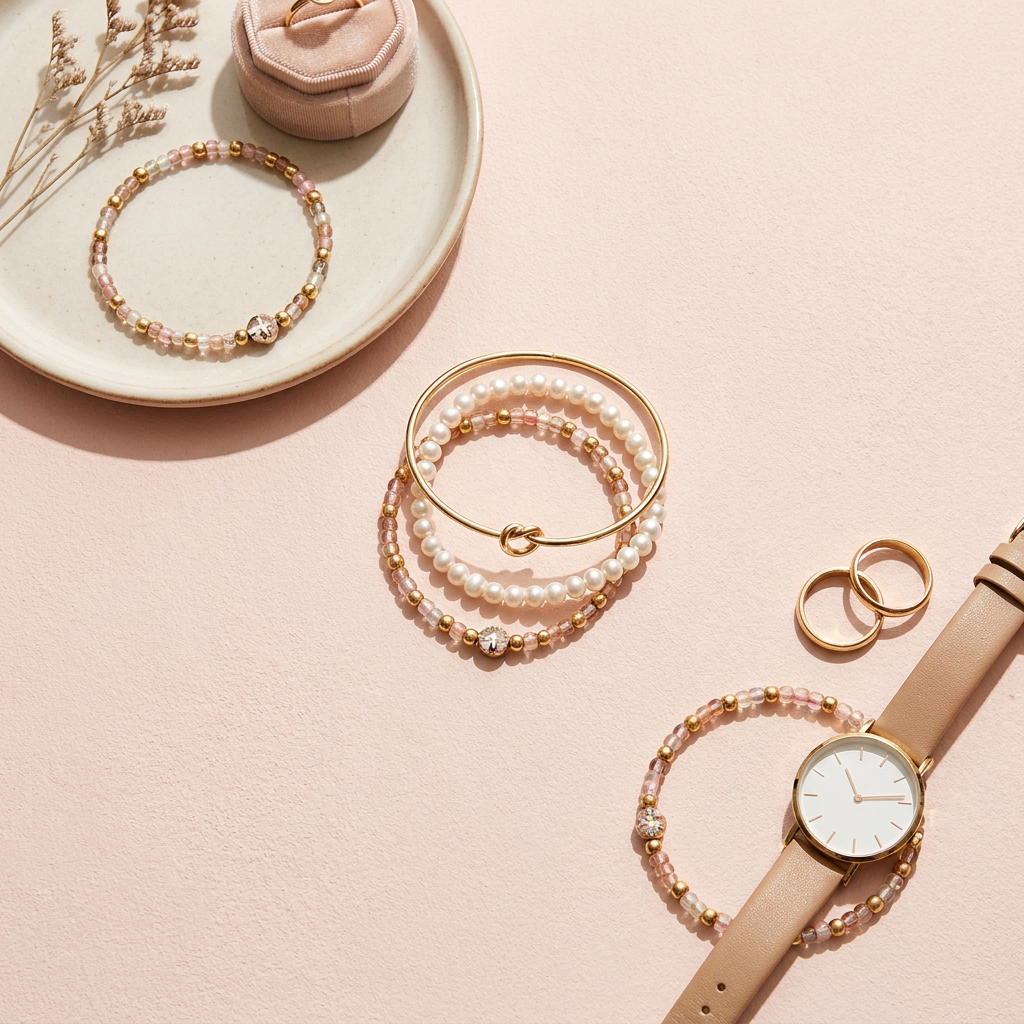 A bracelet and pendant styled with three outfit color palettes on a clean white background with pink accents.