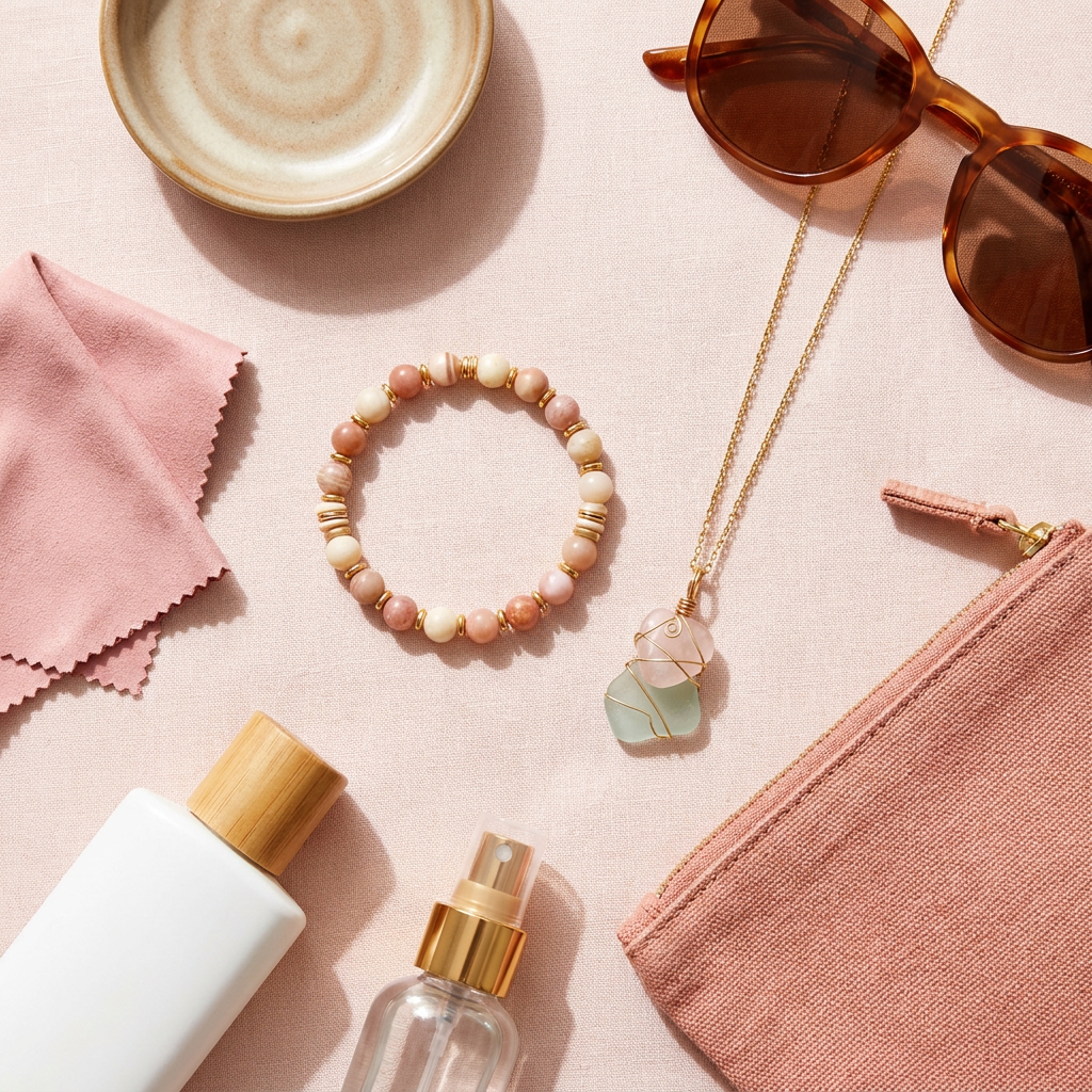 Flat lay of handmade beaded bracelets and a pendant with soft pink accents on a bright white background.