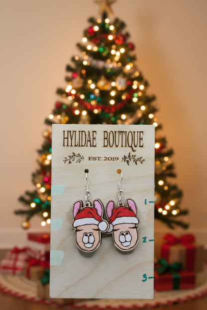 Holiday Llama Wood Earrings – Festive Santa Hat Christmas Jewelry