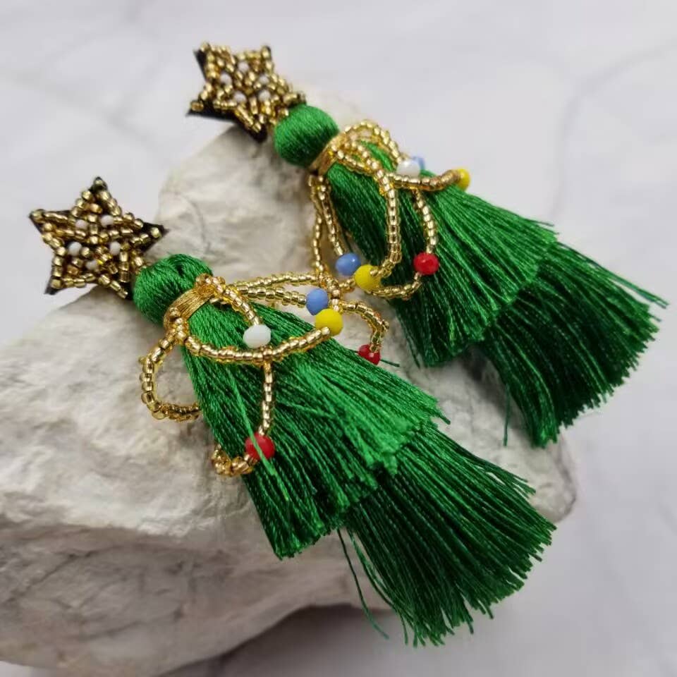 Beaded Christmas Tree Tassel Earrings – Handmade Seed Bead Fringe Holiday Dangles
