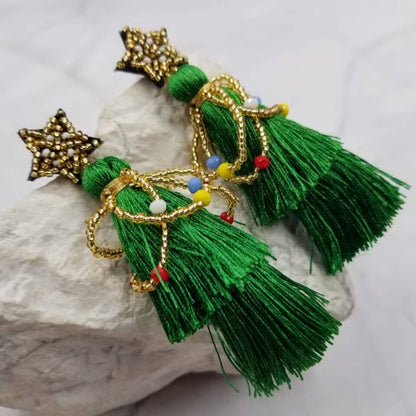 Beaded Christmas Tree Tassel Earrings – Handmade Seed Bead Fringe Holiday Dangles