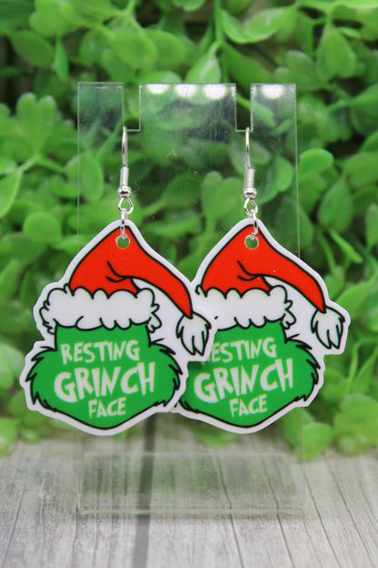 Resting Grinch Face Earrings – Festive Acrylic Holiday Dangles