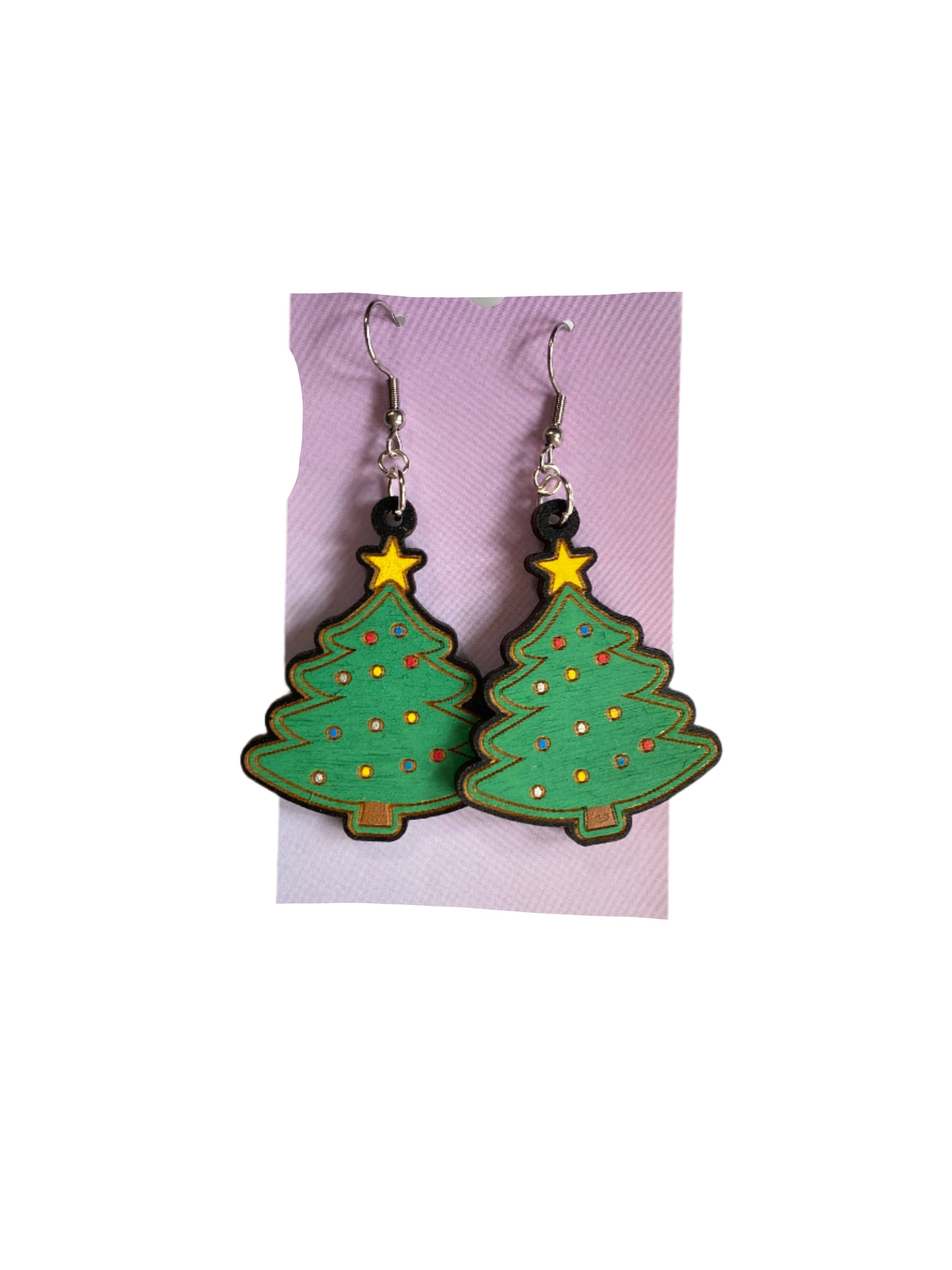 Christmas Tree Hand Painted Wooden Wire EarringsPink tiful of LOVE