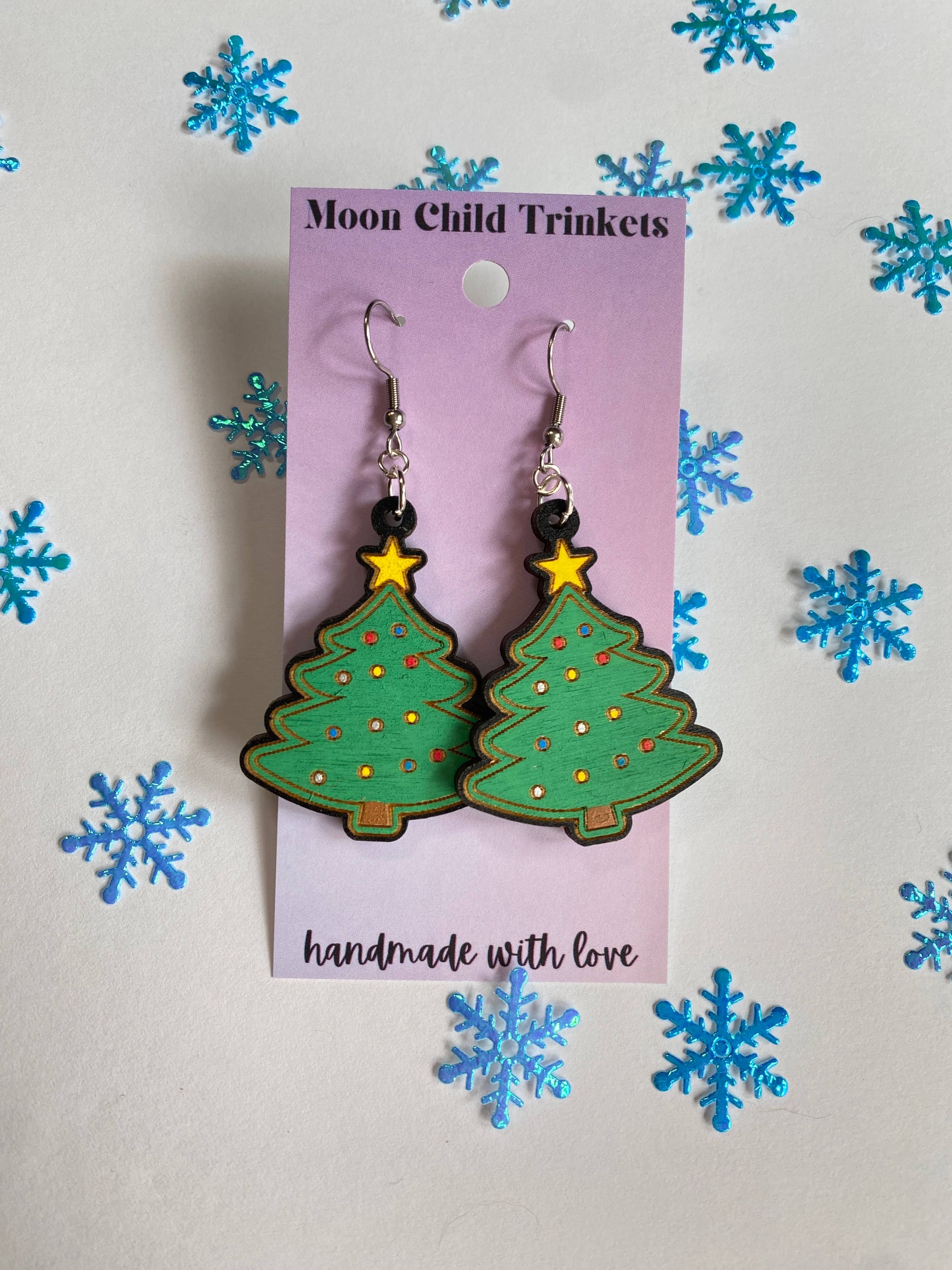 Christmas Tree Hand Painted Wooden Wire EarringsPink tiful of LOVE