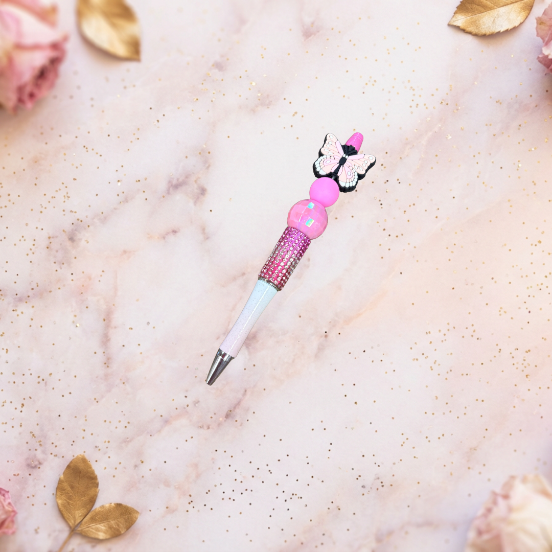 Pink Butterfly Beaded Bling Pen – Rhinestone & Silicone Bead Decorative Pen