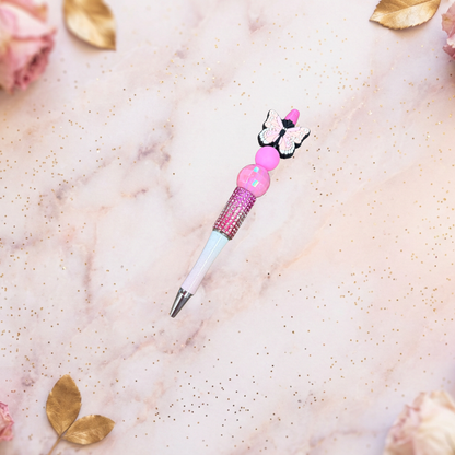 Pink Butterfly Beaded Bling Pen – Rhinestone & Silicone Bead Decorative Pen
