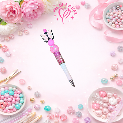 Pink Butterfly Beaded Bling Pen – Rhinestone & Silicone Bead Decorative Pen