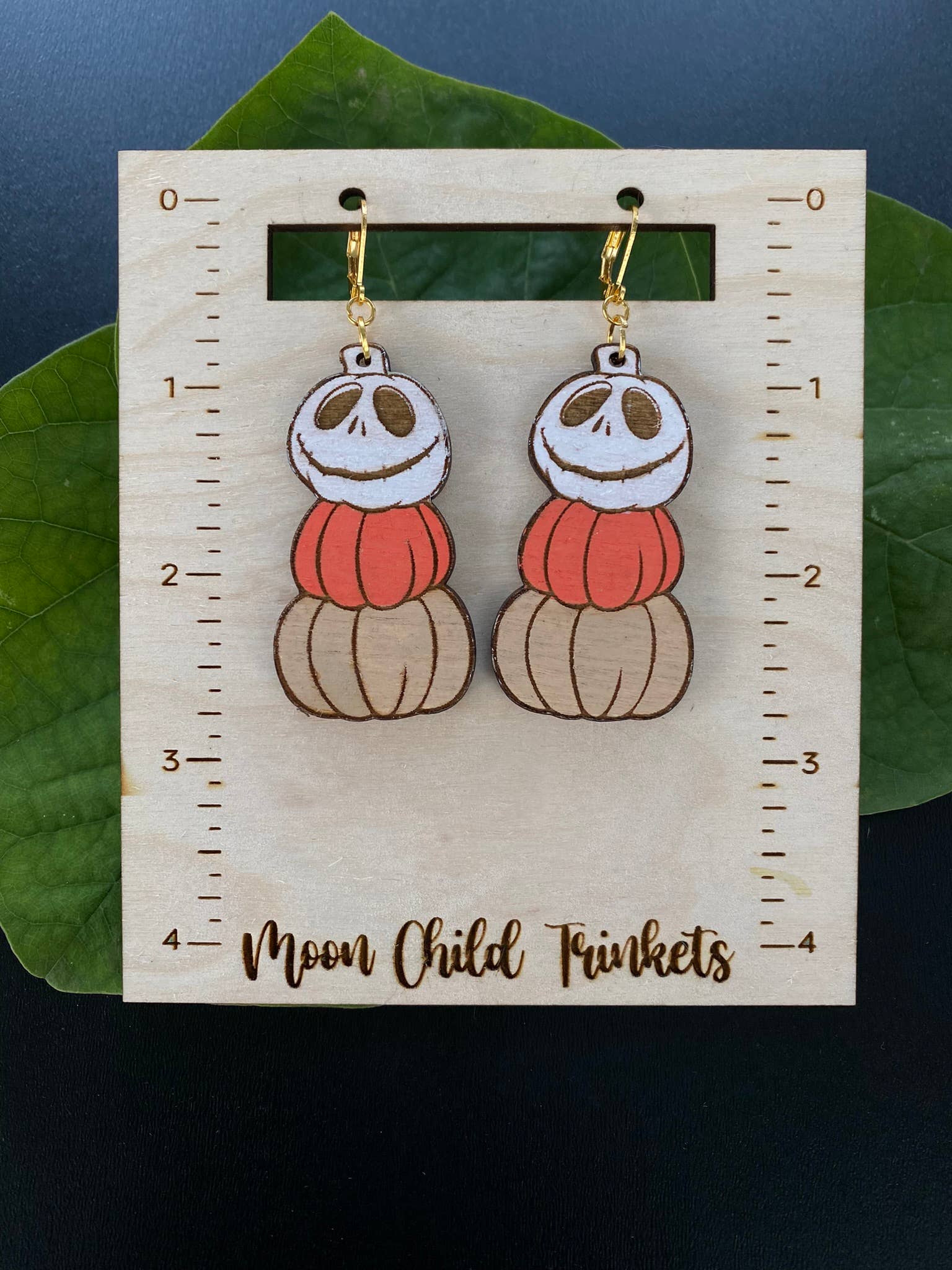 Moon Child Trinkets - Jack Skellington Stacked Pumpkin Wood Dangle EarringsMoon Child Trinkets