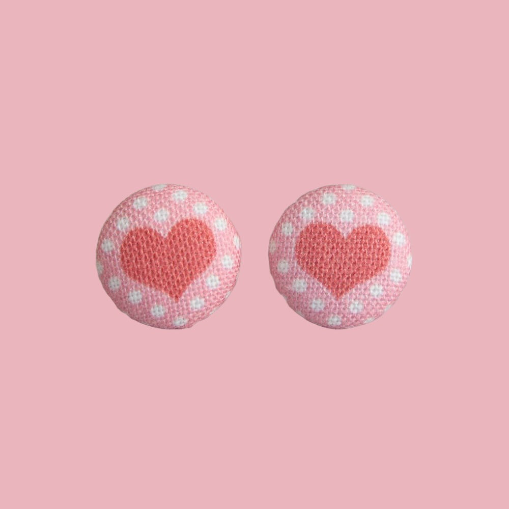 Polka Dot Heart Fabric (small) button Stud Earrings