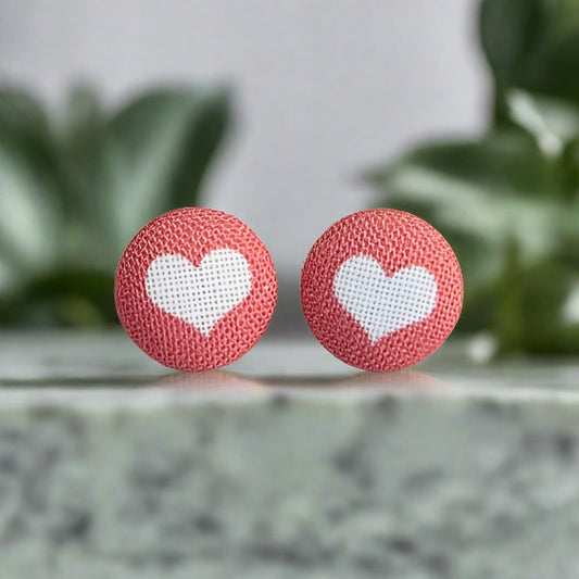 Red and White Heart Fabric (small) button Stud EarringsPink tiful of LOVE