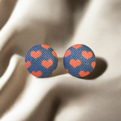 Tiny Red Hearts on Navy Fabric (small) button Stud Earrings
