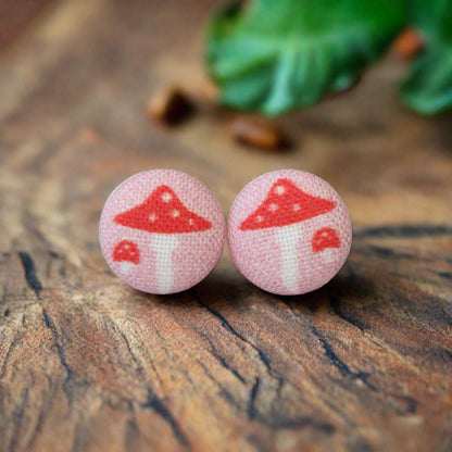 Pink Mushroom (small) Fabric button Stud Earrings