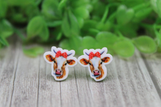 🐄 Mini Cow with Red Headband Stud Earrings