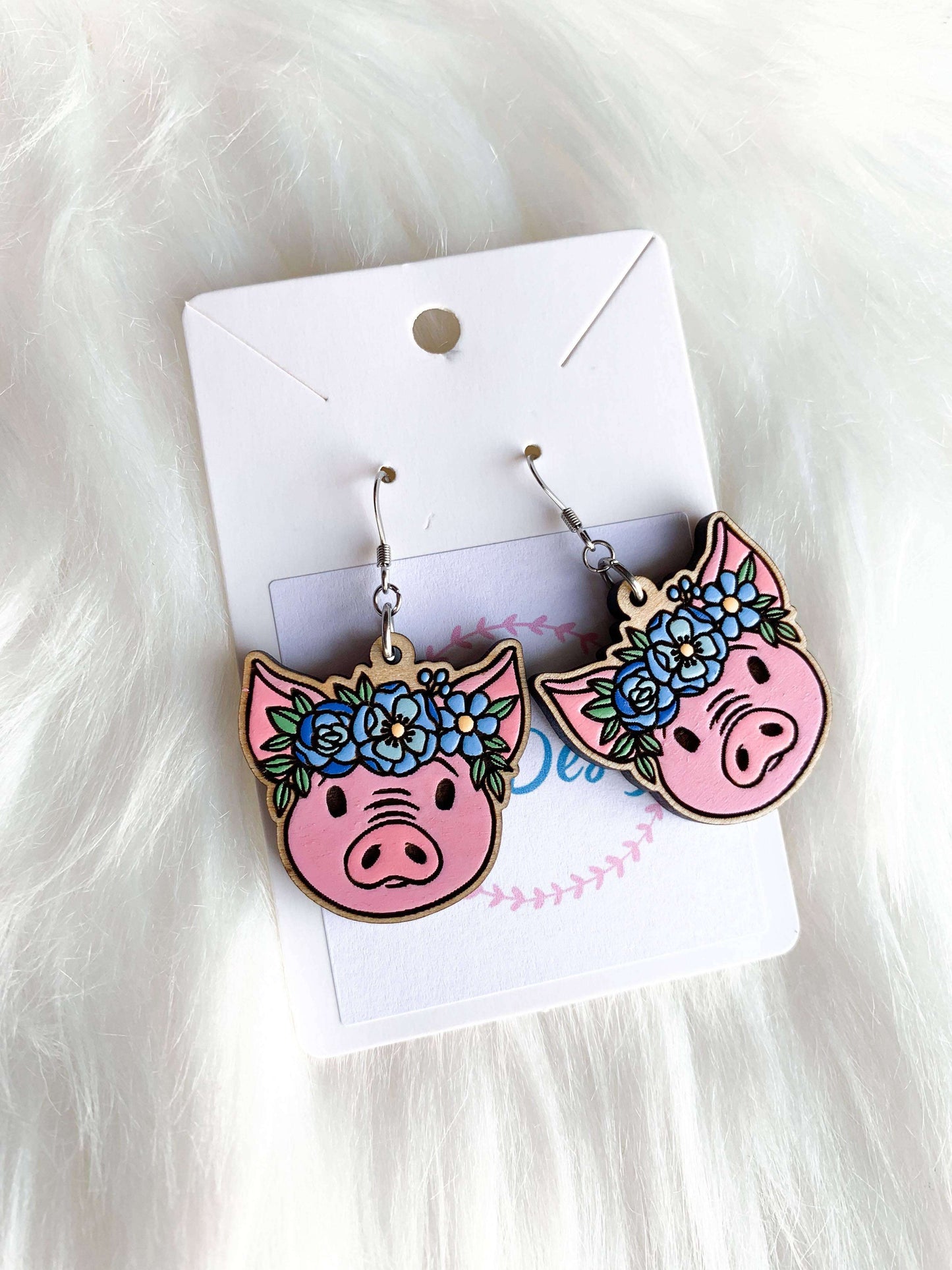 Pig with Flower Crown Wooden Wire EarringsPink tiful of LOVE