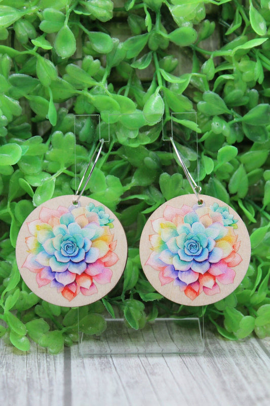 Colorful Succulent Wood Circle Hoop Wire Earrings