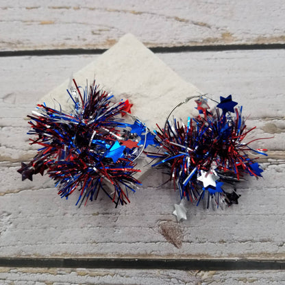 4th of July Patriotic Tinsel Star Hoop Earrings