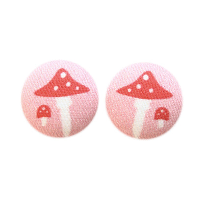 Pink Mushroom Fabric button Stud Earrings