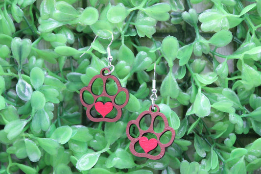 Pawprint with Heart (small) Wooden Wire Earrings