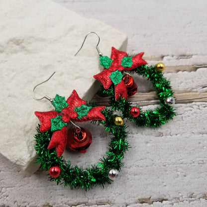 Red Bell Grass Ring Christmas Earrings | Festive Holiday Wreath Dangle Earrings