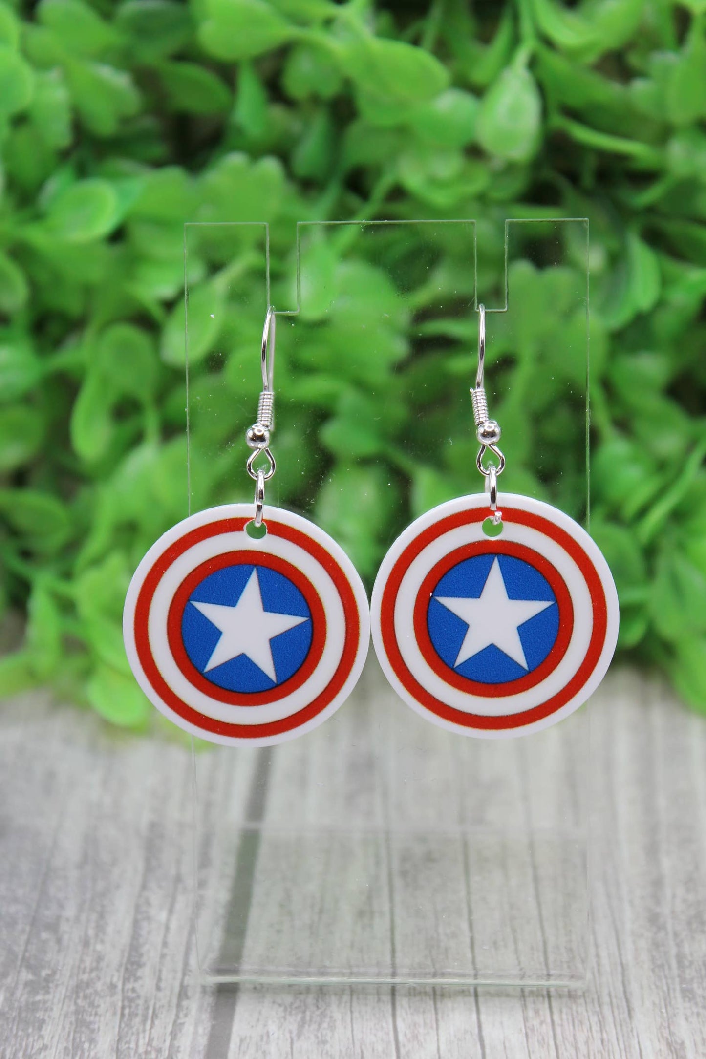 Star Shield Acrylic Dangle Earrings – Bold Red, White & Blue Hero Jewelry