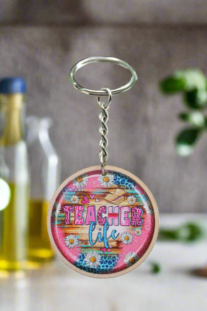 Teacher Life Wooden Keychain | Pink & Turquoise Boho Design