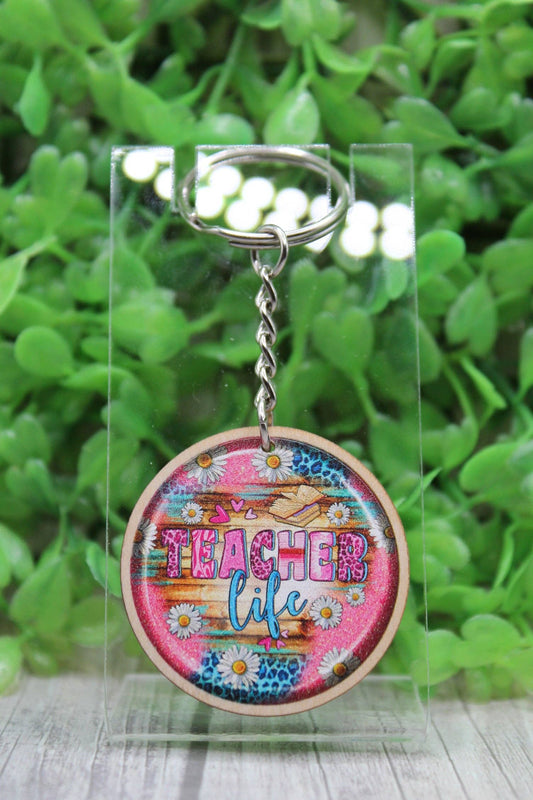 Teacher Life Wooden Keychain | Pink & Turquoise Boho Design