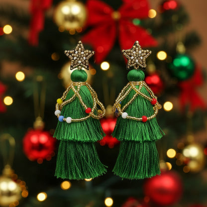 Beaded Christmas Tree Tassel Earrings – Handmade Seed Bead Fringe Holiday Dangles