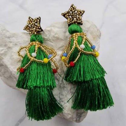 Beaded Christmas Tree Tassel Earrings – Handmade Seed Bead Fringe Holiday Dangles