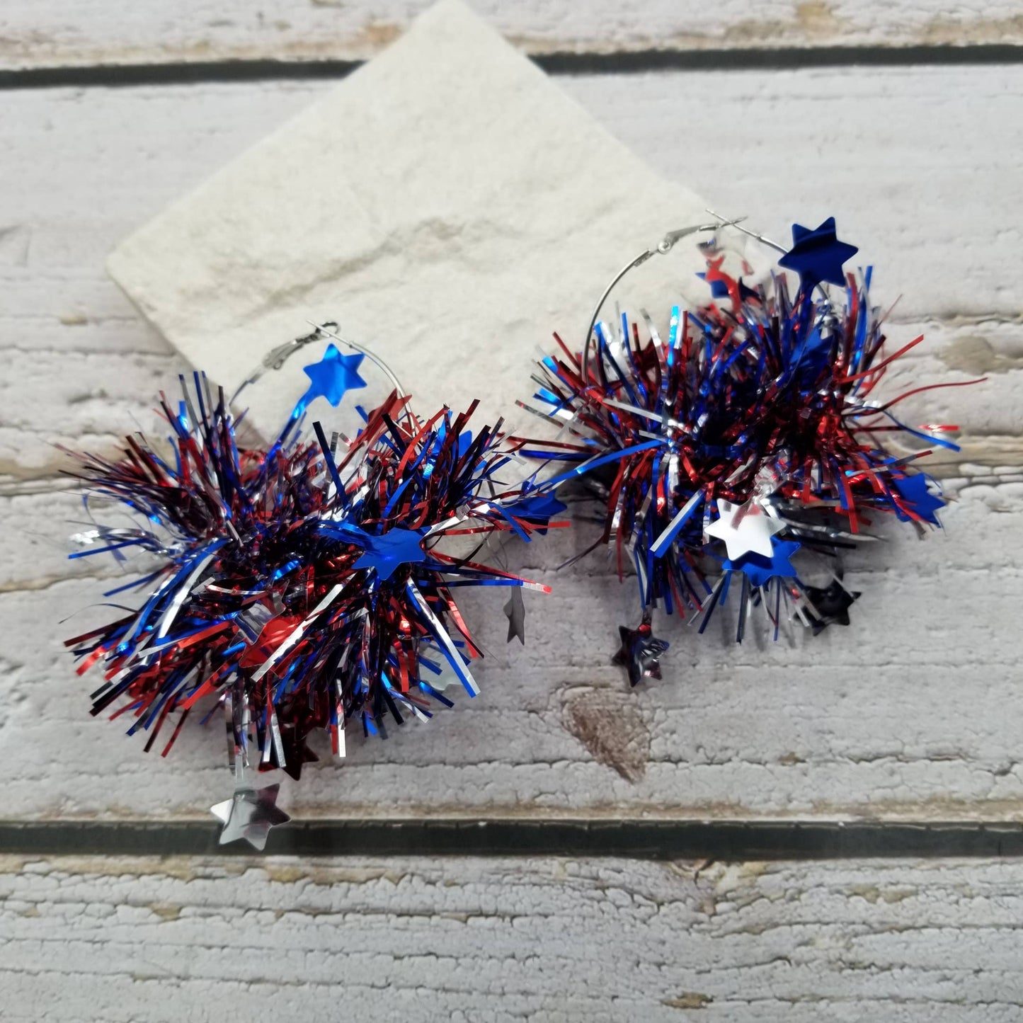 4th of July Patriotic Tinsel Star Hoop Earrings