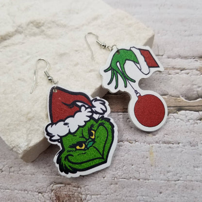 Grinch Christmas Asymmetrical Wood Earrings | Fun Holiday Statement Earrings