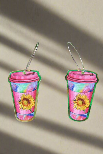 Tie Dye Sunflower Coffee Cup Hoop Dangle Earrings