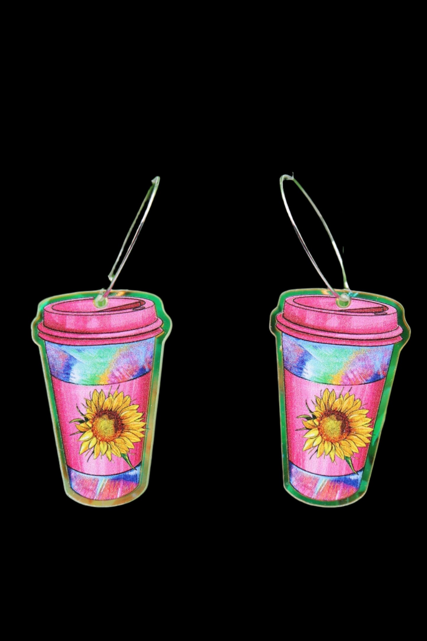 Tie Dye Sunflower Coffee Cup Hoop Dangle Earrings
