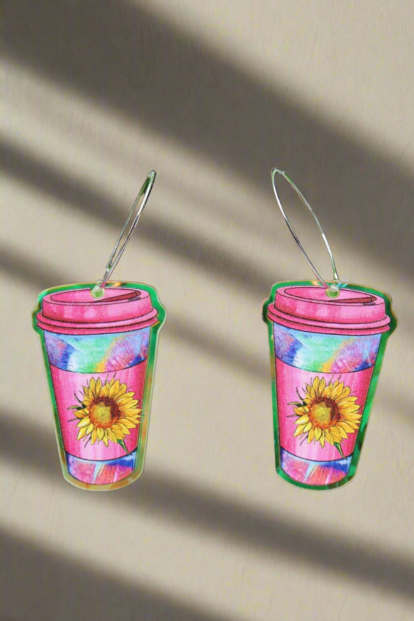 Tie Dye Sunflower Coffee Cup Hoop Dangle Earrings